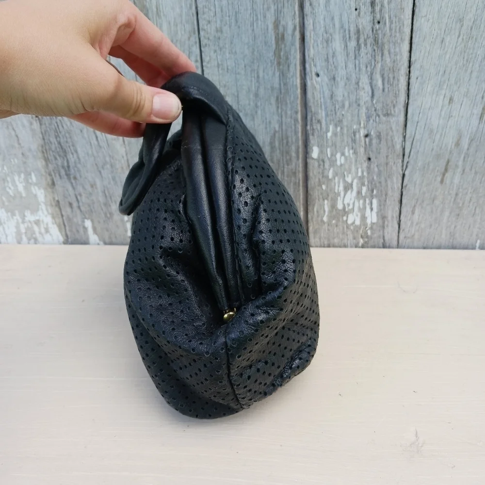 Vintage Perforated‎ Leather Black Clutch Purse Magnet Closure